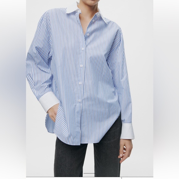 ZARA CONTRAST STRIPED SHIRT ZW COLLECTION SIZE S BLUE/BLACK 9479/307 NWT - Picture 2 of 5
